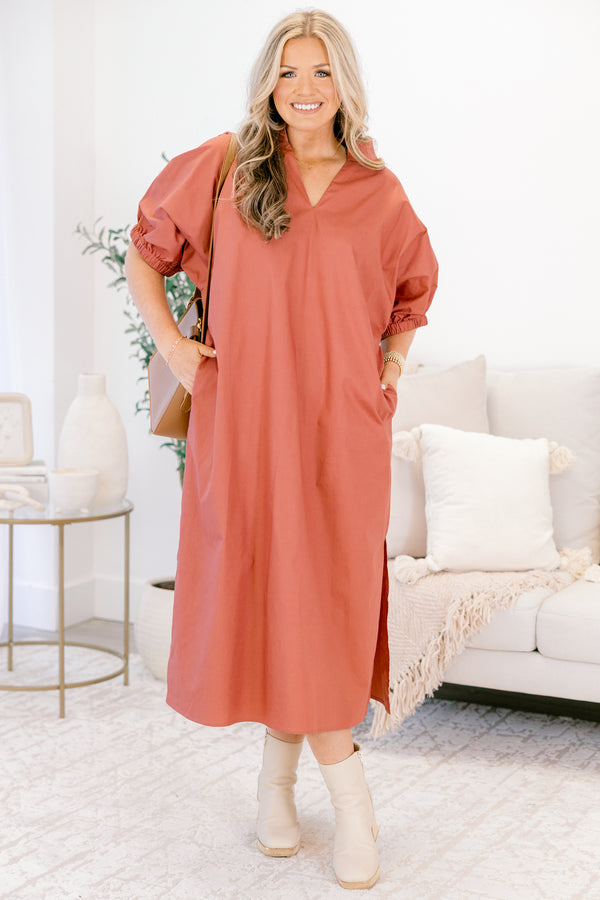 Chic Soul plus size clothing, burnt taupe brown short puff sleeve midi dress with v-neckline
