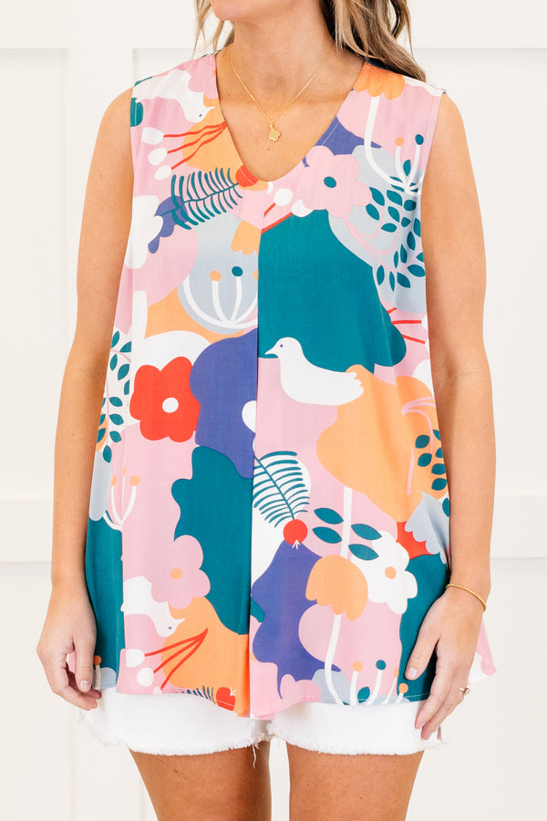 Chic Soul plus size clothing, pink tank with a multi-color floral print and u-shaped neckline 