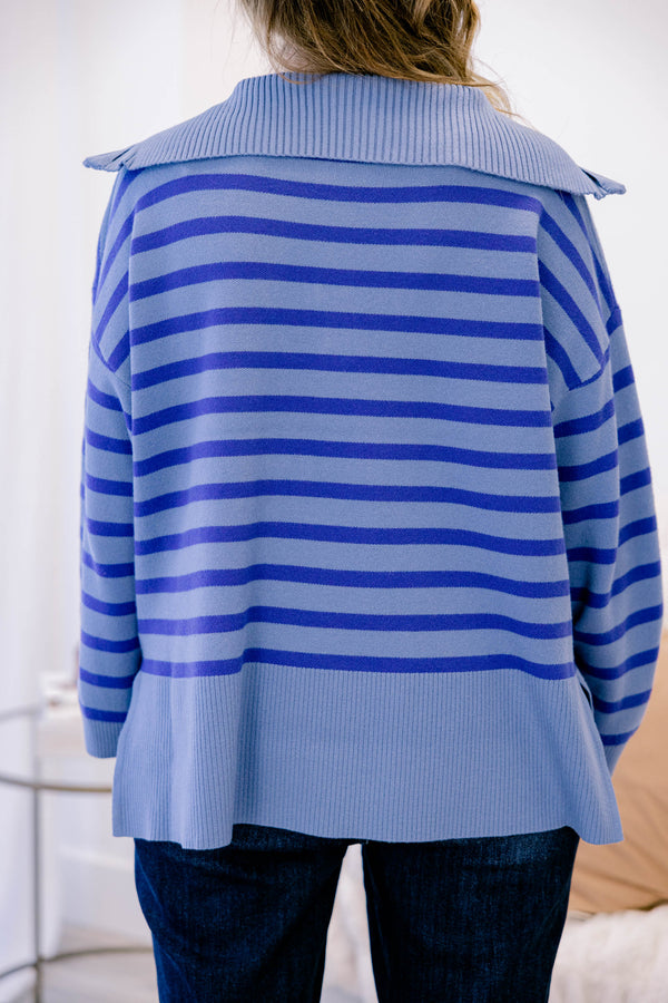 Chic Soul plus size clothing, blue sweater with a darker blue striped pattern as well as a zipper that goes down to the chest 