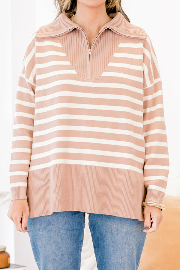 Chic Soul plus size clothing, light brown striped pullover with a zipper that goes down to the chest and a collar 