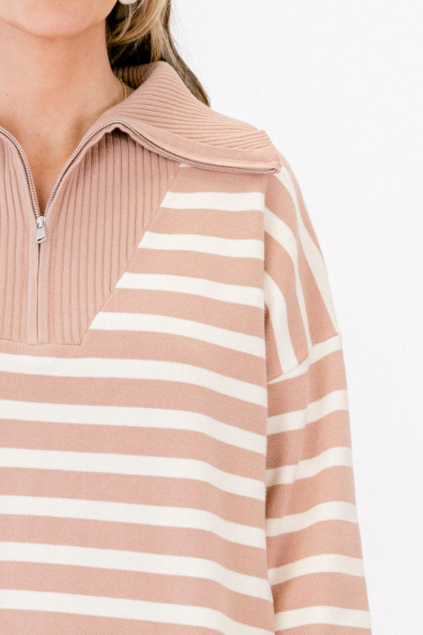 Chic Soul plus size clothing, light brown striped pullover with a zipper that goes down to the chest and a collar 