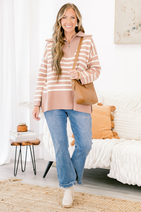 Chic Soul plus size clothing, light brown striped pullover with a zipper that goes down to the chest and a collar 