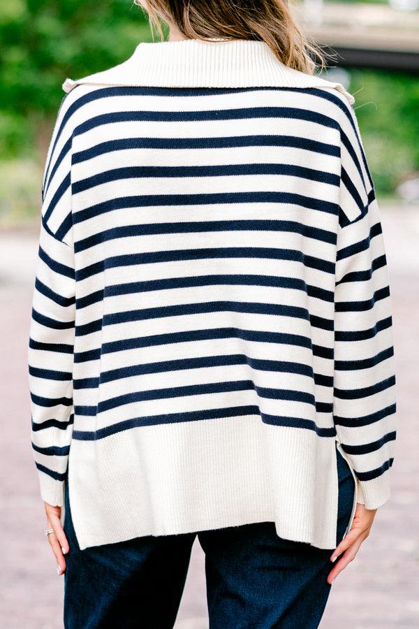 Chic Soul plus size clothing, long-sleeve taupe and navy striped quarter-zip sweater with ribbed collar 