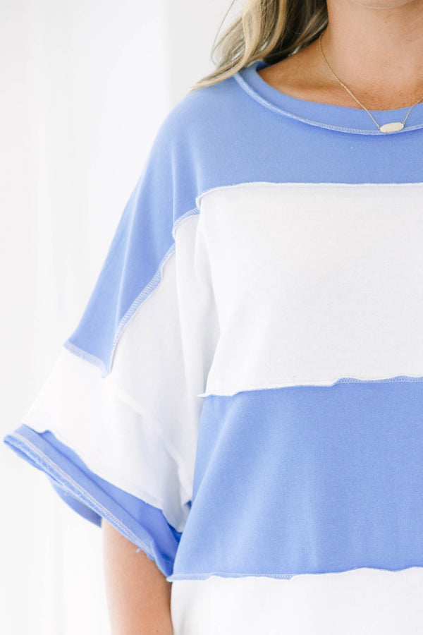 Plus Size cornflower blue and white wide-striped tee with raw-edge seams