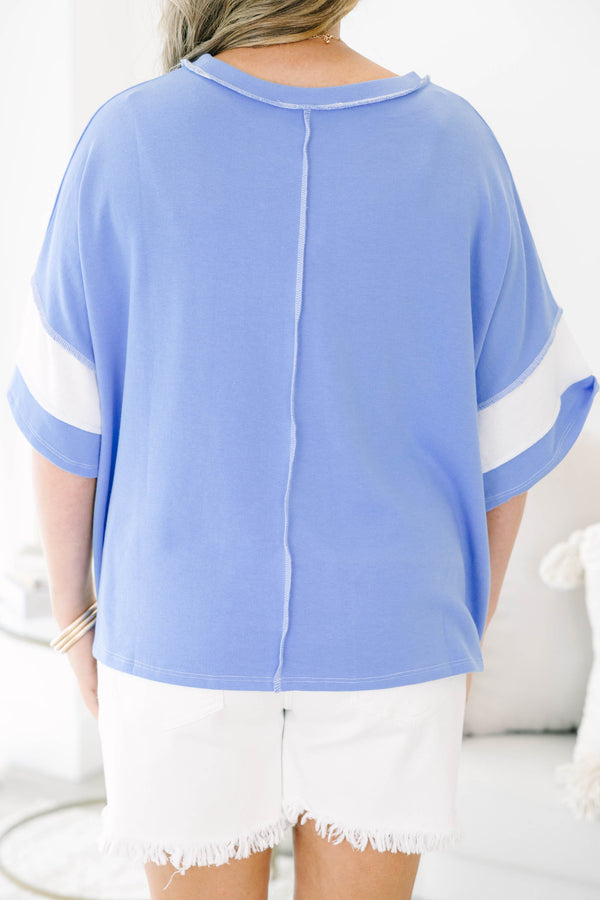 Plus Size cornflower blue and white wide-striped tee with raw-edge seams