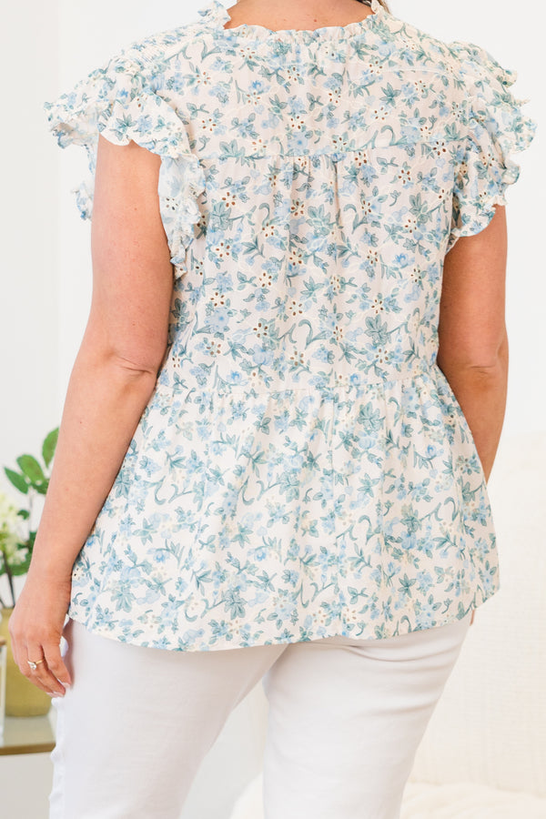 Chic Soul plus size clothing, white short sleeve eyelet floral top with v cutout along neckline with ruffle sleeves and blue eyelet floral design
