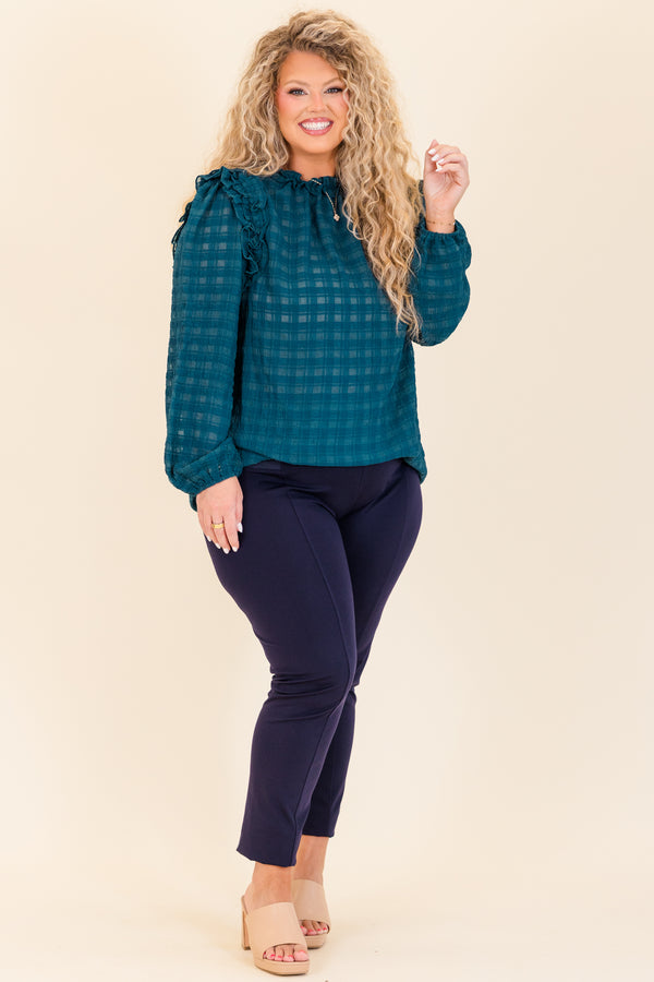 Chic Soul plus size clothing, long sleeve checkered material that is slightly see through with cuffed sleeves and ruffle detail along shoulders and neckline
