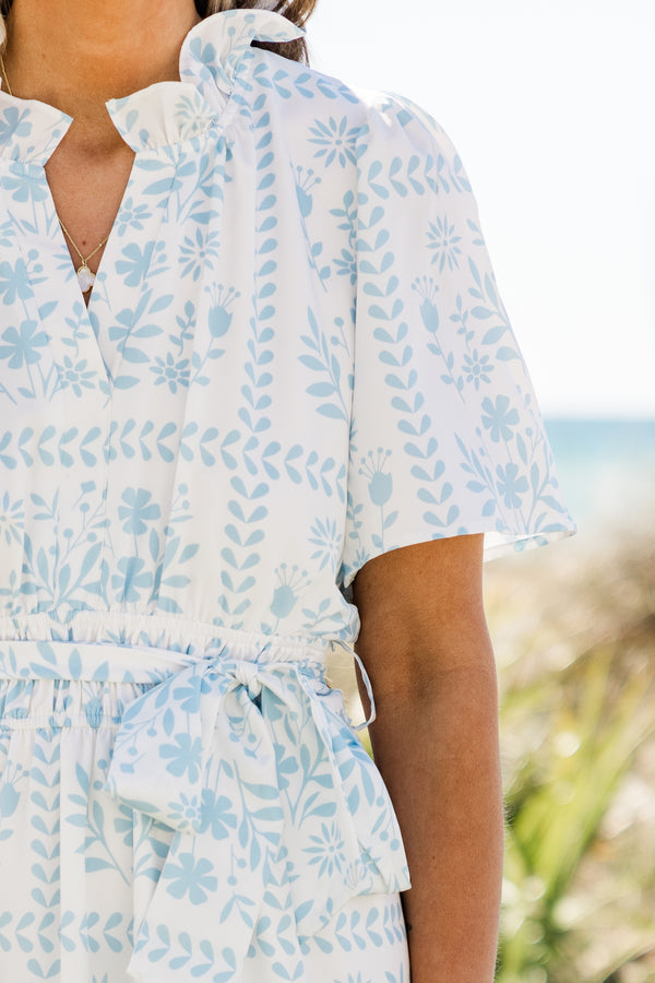 Plus Size blue and white floral tiered maxi dress with a split v-neck and smocked waist.