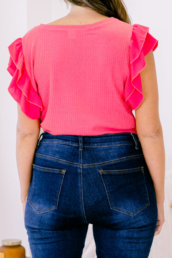 Chic Soul plus size clothing, fuchsia short sleeve bodysuit with v neckline with tiered ruffle sleeves
