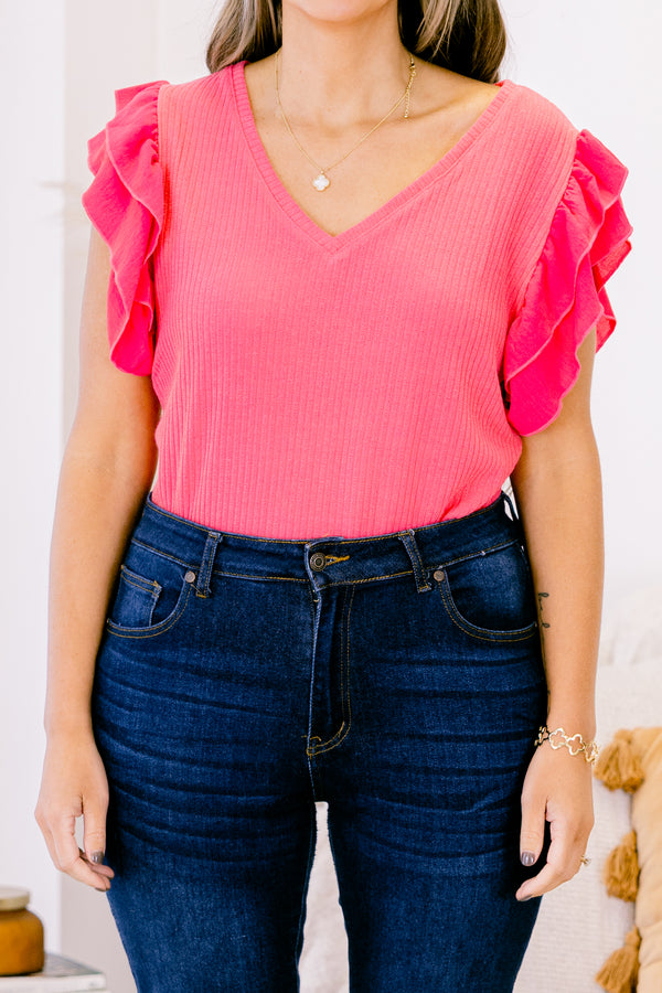 Chic Soul plus size clothing, fuchsia short sleeve bodysuit with v neckline with tiered ruffle sleeves