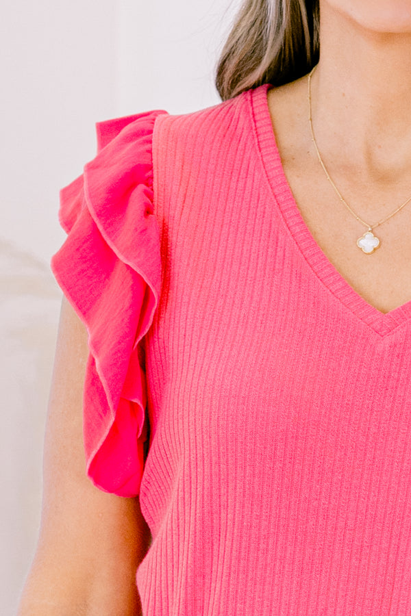 Chic Soul plus size clothing, fuchsia short sleeve bodysuit with v neckline with tiered ruffle sleeves