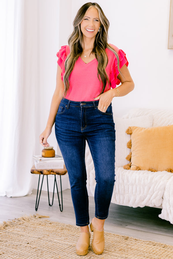 Chic Soul plus size clothing, fuchsia short sleeve bodysuit with v neckline with tiered ruffle sleeves