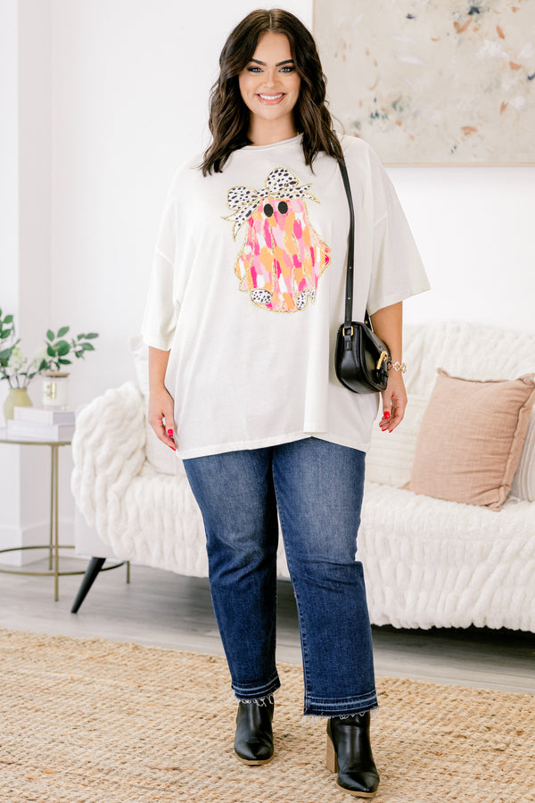 Chic Soul plus size clothing, ivory half sleeve crewneck tee with pink and orange watercolor ghost wearing a black polka dot bow graphic