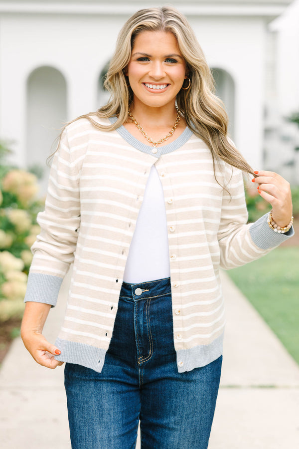 Plus size khaki and white striped cardigan with grey trim, button-front, and soft knit fabric.