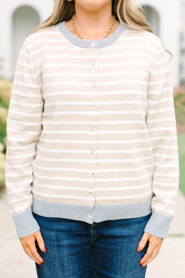 Plus size khaki and white striped cardigan with grey trim, button-front, and soft knit fabric.