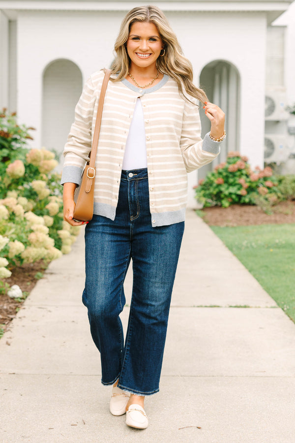 Plus size khaki and white striped cardigan with grey trim, button-front, and soft knit fabric.