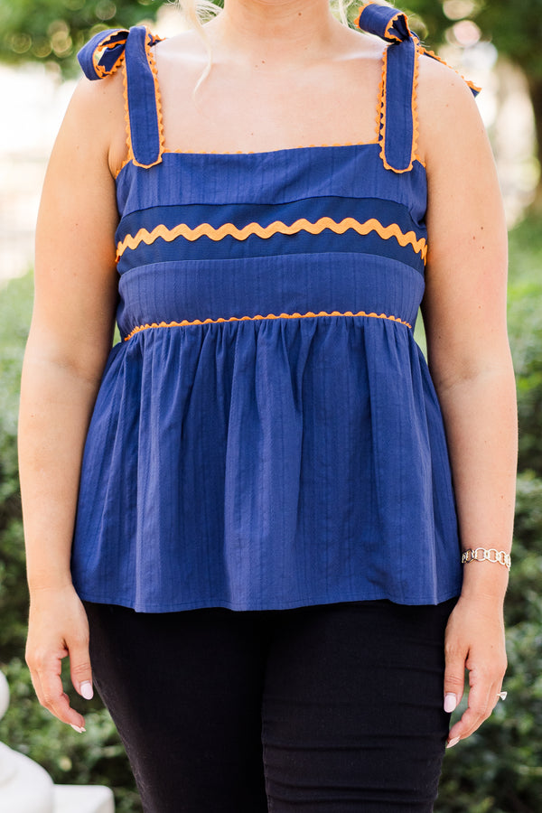 Chic Soul plus size clothing, blue-orange tank top with peplum structure with square neckline with tie strap detail with orange scalloped detail along chest and straps