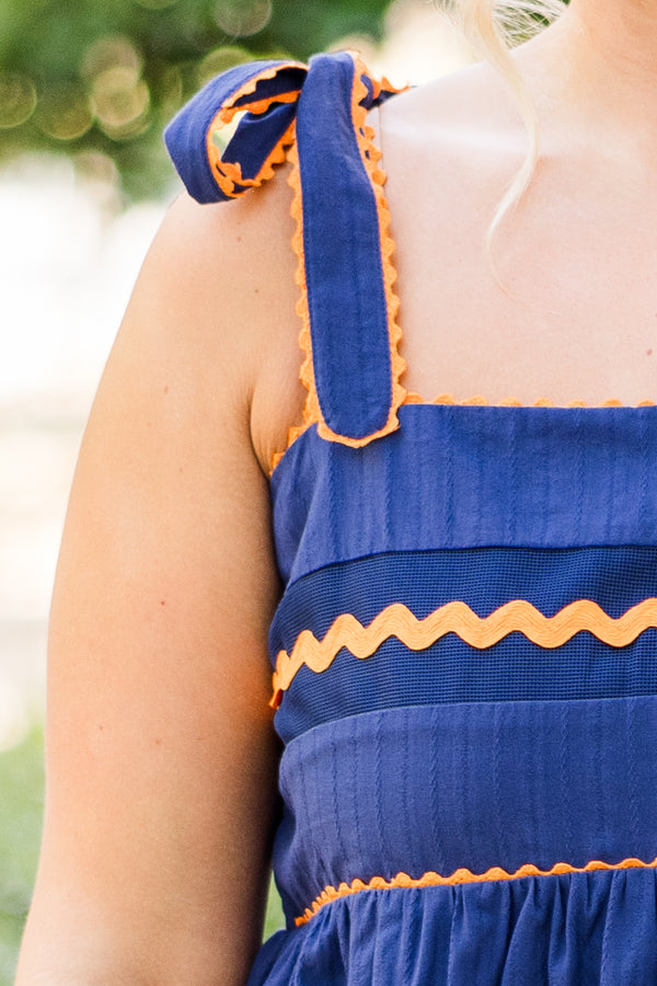 Chic Soul plus size clothing, blue-orange tank top with peplum structure with square neckline with tie strap detail with orange scalloped detail along chest and straps
