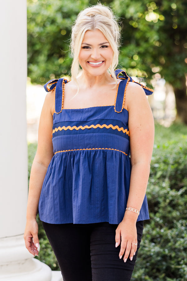Chic Soul plus size clothing, blue-orange tank top with peplum structure with square neckline with tie strap detail with orange scalloped detail along chest and straps