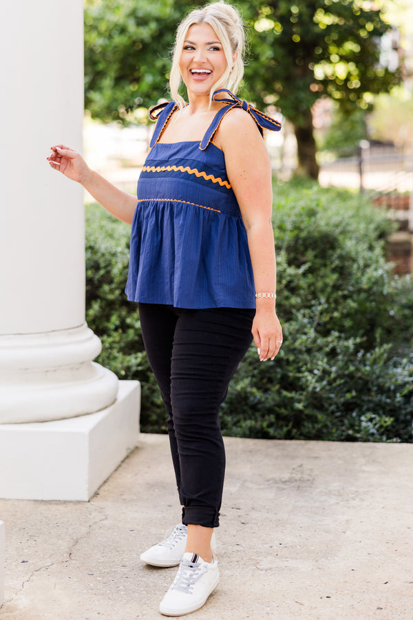 Chic Soul plus size clothing, blue-orange tank top with peplum structure with square neckline with tie strap detail with orange scalloped detail along chest and straps