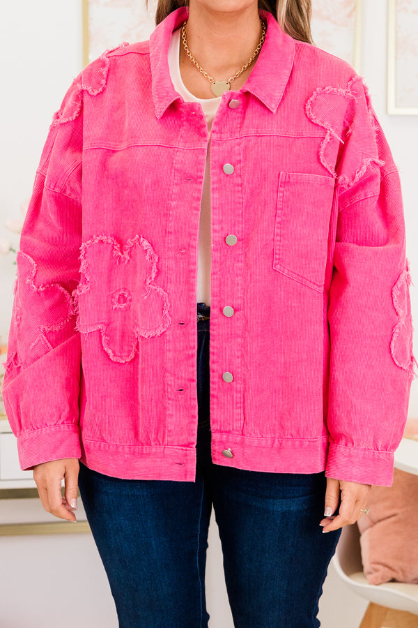 Chic Soul plus size clothing, hot pink button down collared denim jacket with flower patch design