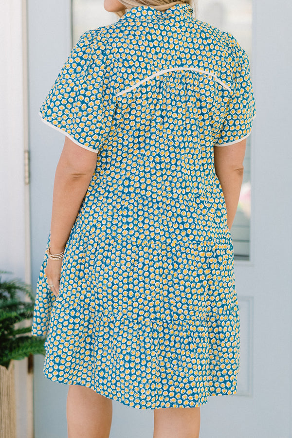 Chic Soul plus size clothing, short-sleeve collared teal mix baby doll dress with a white piping along the sleeves and bodice and a teal and yellow abstract spotted floral pattern 