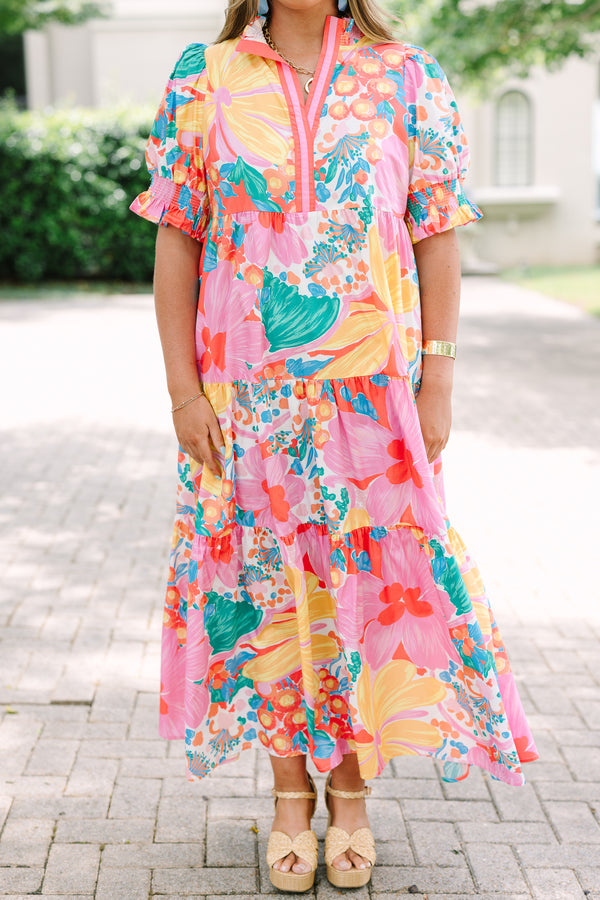 Plus Size fuchsia floral print tiered maxi dress with smocked puff sleeves and a V-neckline.