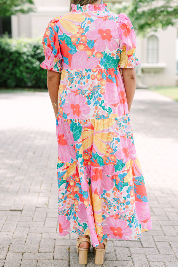 Plus Size fuchsia floral print tiered maxi dress with smocked puff sleeves and a V-neckline.
