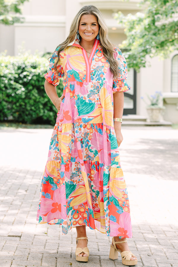 Plus Size fuchsia floral print tiered maxi dress with smocked puff sleeves and a V-neckline.