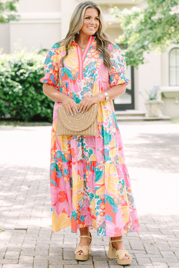 Plus Size fuchsia floral print tiered maxi dress with smocked puff sleeves and a V-neckline.