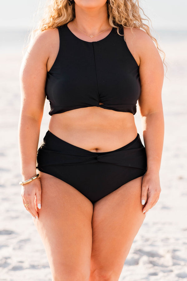 Chic Soul plus size clothing, black halter swim bikini top with twist detail on bottom