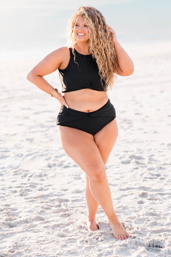 Chic Soul plus size clothing, black high waisted swim bottoms with twist detail in front