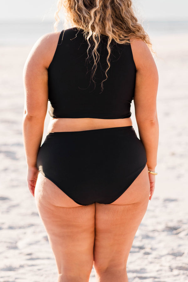 Chic Soul plus size clothing, black high waisted swim bottoms with twist detail in front