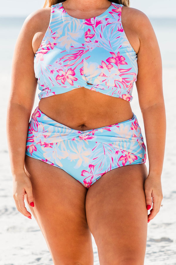 Chic Soul plus size clothing, light blue swimsuit high neck bikini top with pink and yellow tropical floral pattern