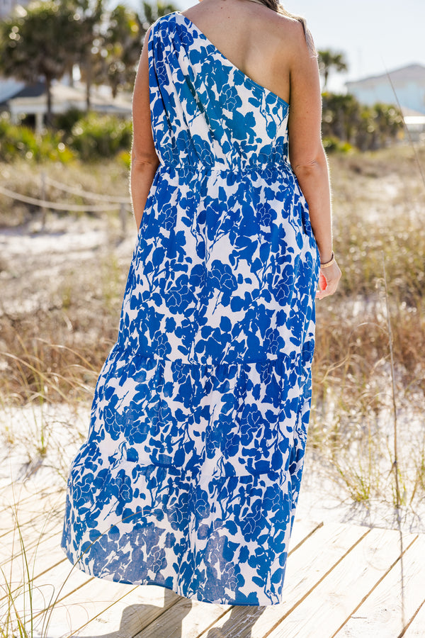 Chic Soul plus size clothing, sleeveless one-shoulder blue and white floral maxi dress