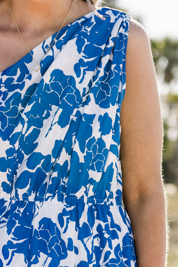 Chic Soul plus size clothing, sleeveless one-shoulder blue and white floral maxi dress