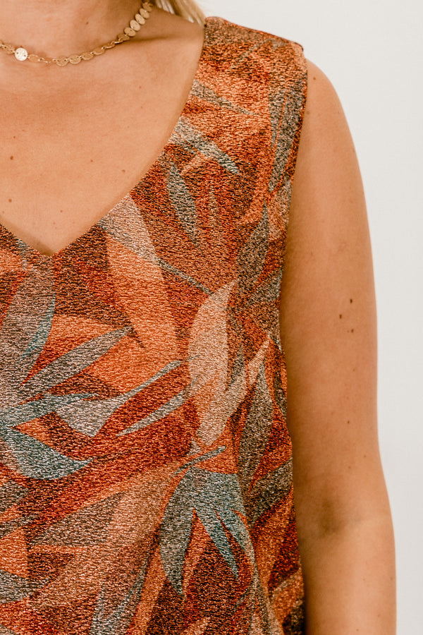 Chic Soul plus size clothing, mocha brown tank top with rust orange and light blue leaf pattern