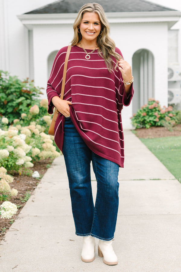 Plus Size burgundy and white horizontal striped knit sweater tunic with a relaxed fit