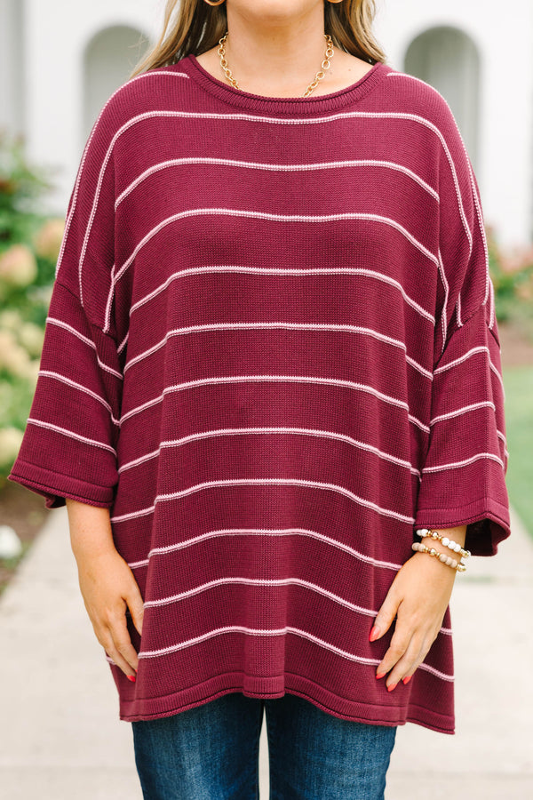 Plus Size burgundy and white horizontal striped knit sweater tunic with a relaxed fit