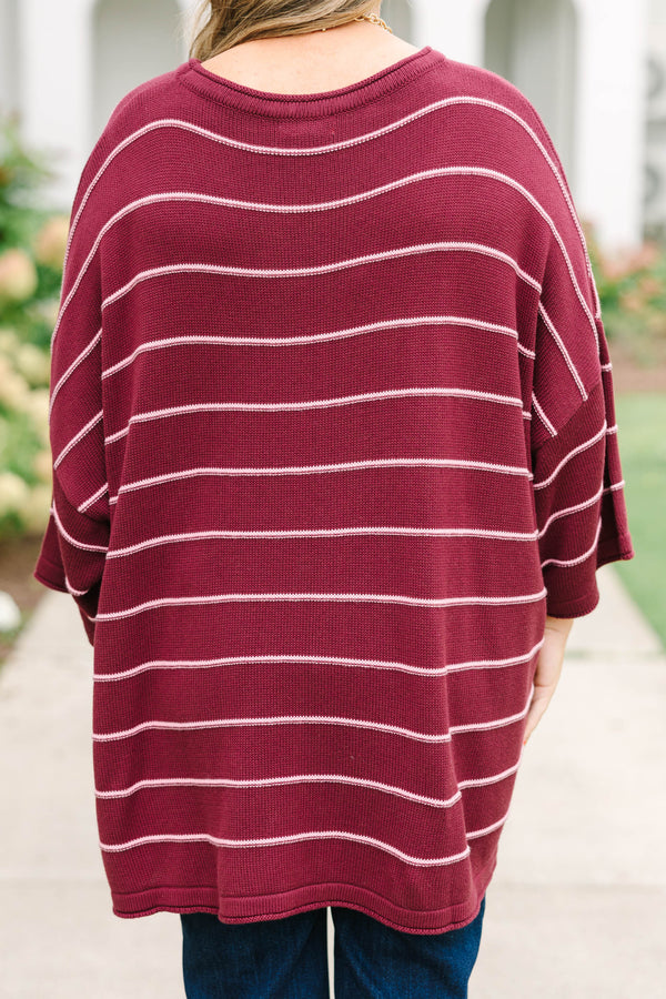 Plus Size burgundy and white horizontal striped knit sweater tunic with a relaxed fit