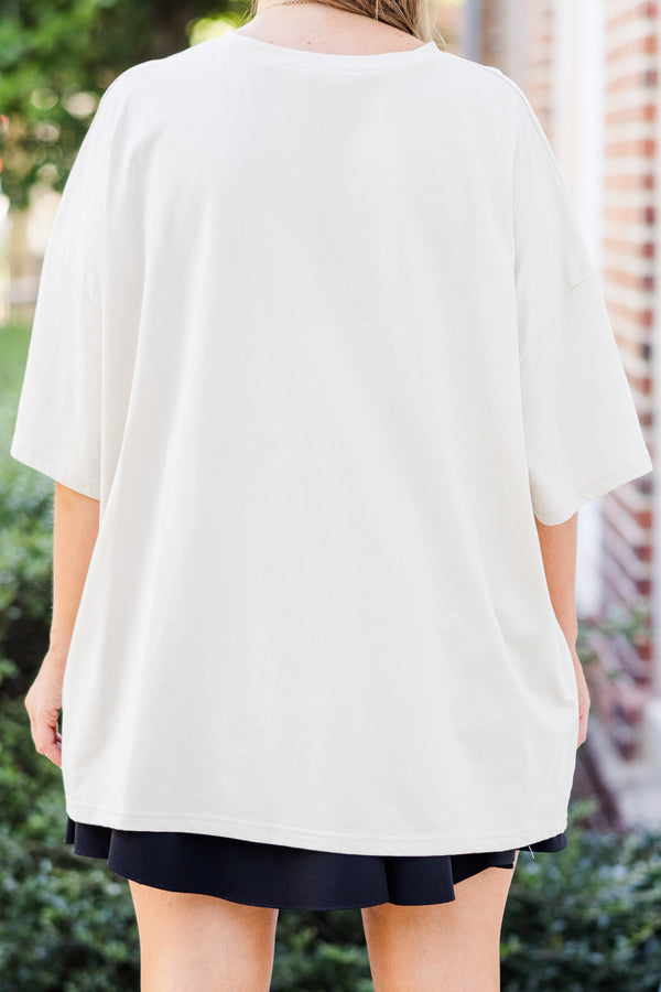 Chic Soul plus size clothing, short-sleeve dust light tan boyfriend tee with graphic stating 