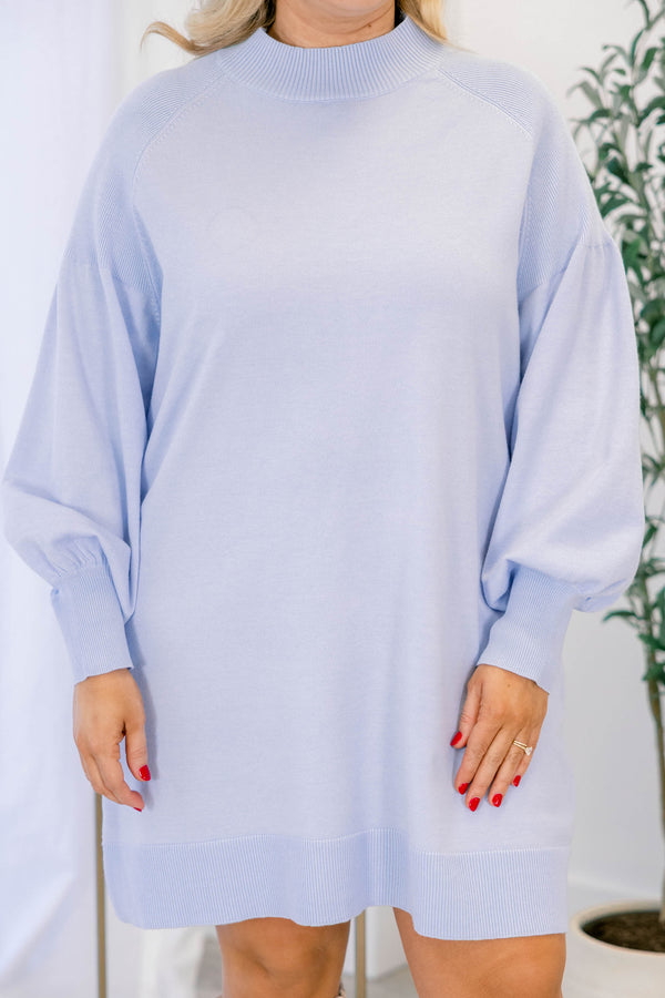 Chic Soul plus size clothing, light blue mock neck long sleeve knee length straight cut sweater dress