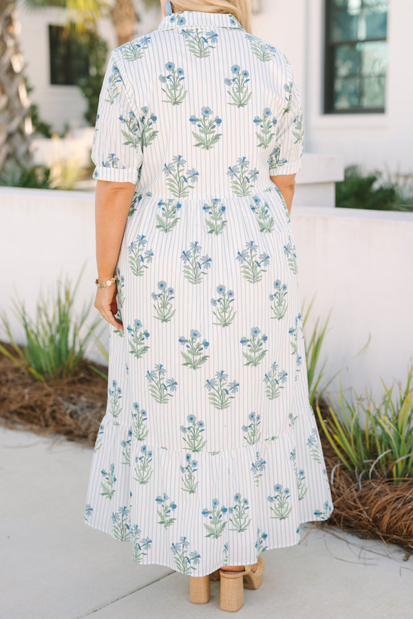 Chic Soul plus size clothing,  light blue maxi dress with cuff sleeves as well as a mixed pattern that has stripes and a floral block pattern throughout 