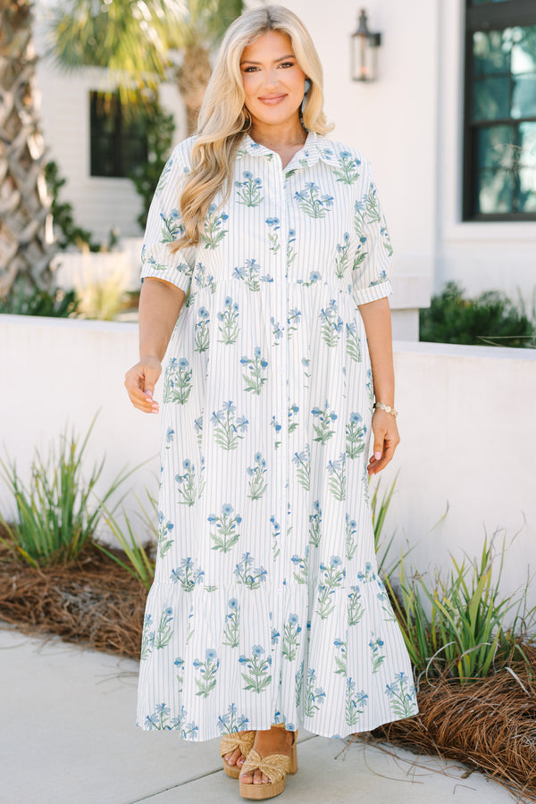 Chic Soul plus size clothing,  light blue maxi dress with cuff sleeves as well as a mixed pattern that has stripes and a floral block pattern throughout 