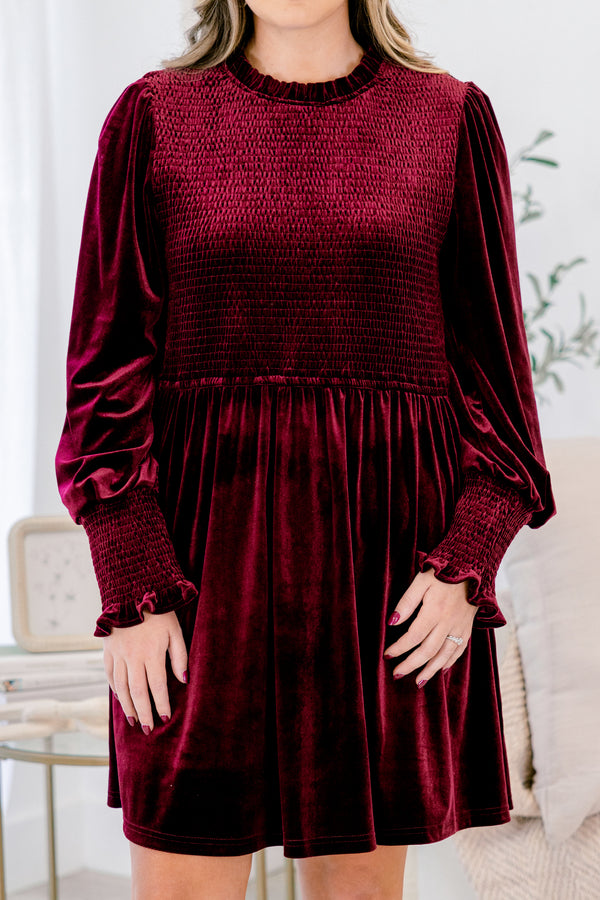 Chic Soul plus size clothing, merlot red velour long sleeve baby doll short dress
