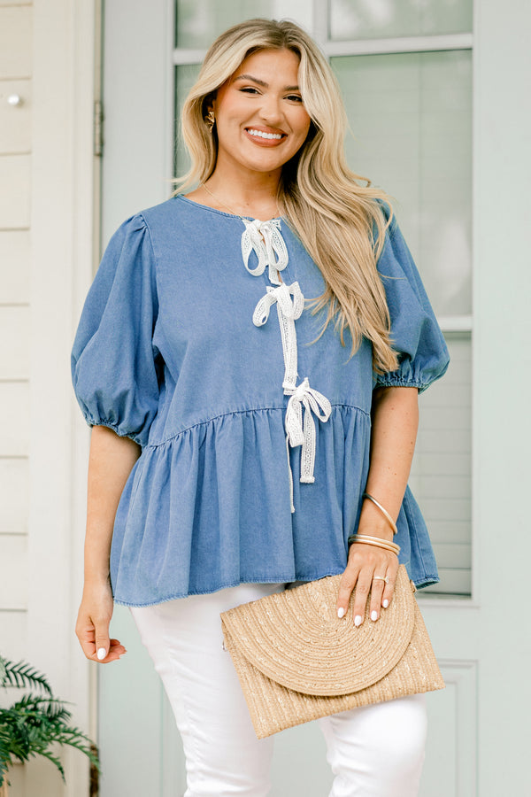 Chic Soul plus size clothing, denim top with three bows going down the  center of the shirt and bubble sleeves 