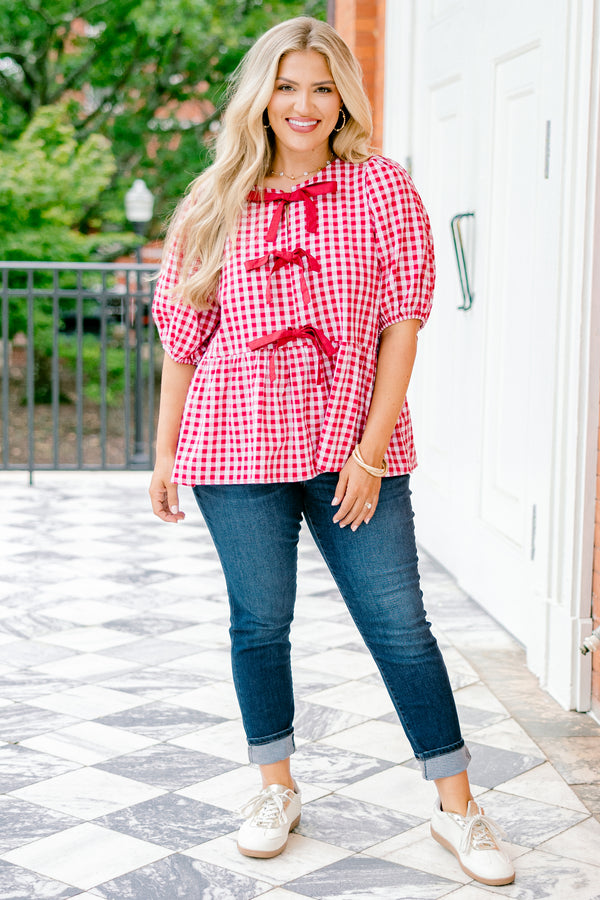 Chic Soul plus size clothing, red and white gingham short-bubble sleeve babydoll top with three red bows on front