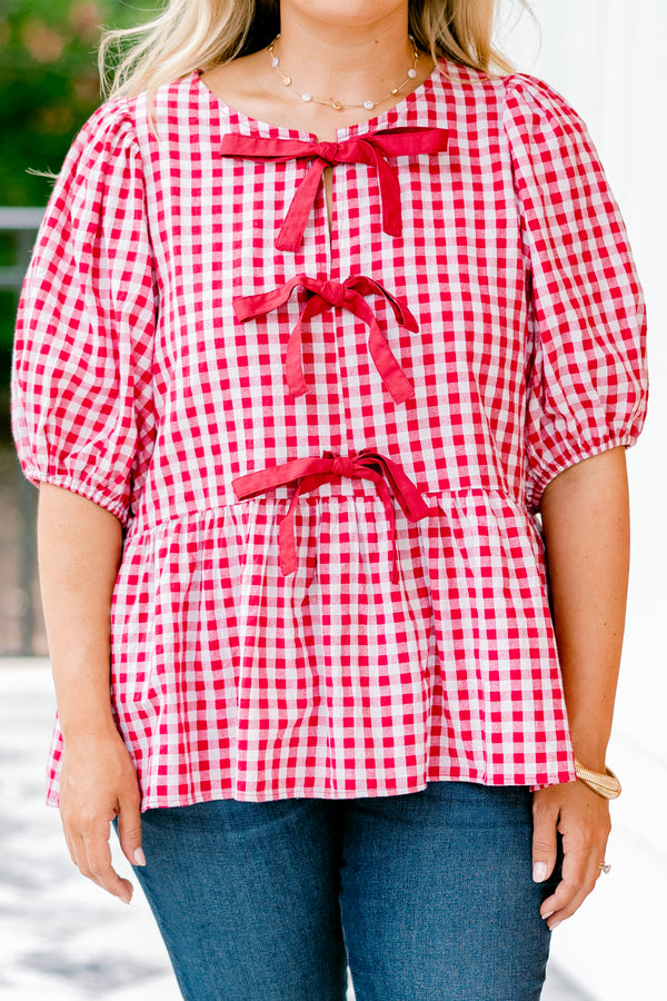 Chic Soul plus size clothing, red and white gingham short-bubble sleeve babydoll top with three red bows on front
