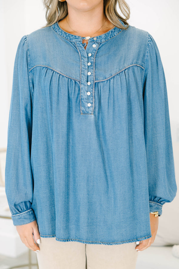 Plus size Take Me Along Top in chambray, featuring a flowy fit, button-up henley, and long sleeves.