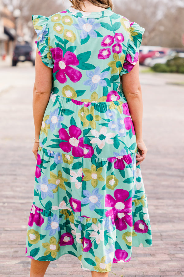 Chic Soul plus size clothing, sage midi dress with floral print with v neckline and ruffle short sleeves